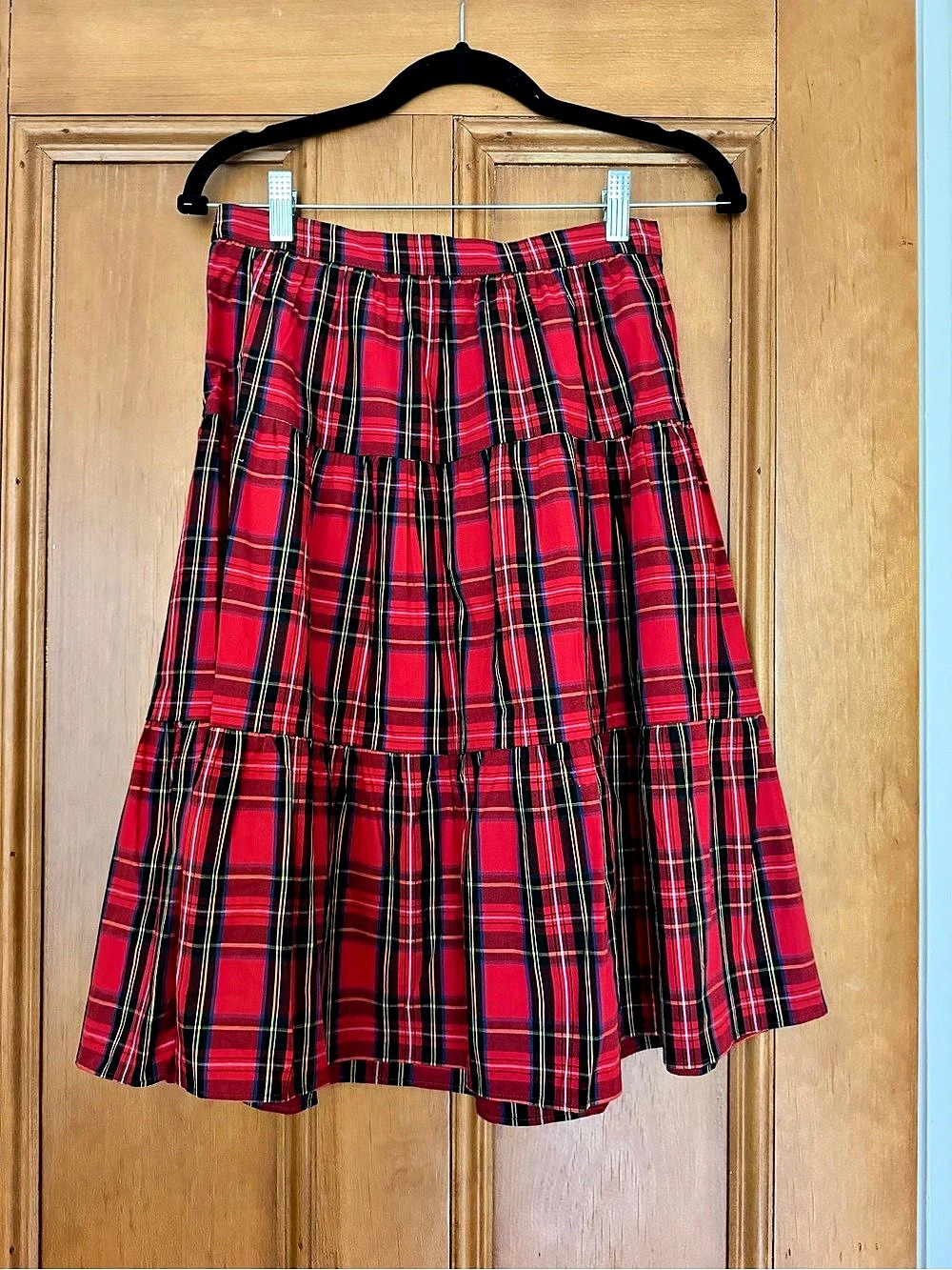 J.Crew Red Plaid Tiered Midi Skirt, XSP